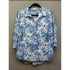 Isaac Mizrahi Tunic Women 18W Blue Floral Toile Clip Dot Popover Cottage
